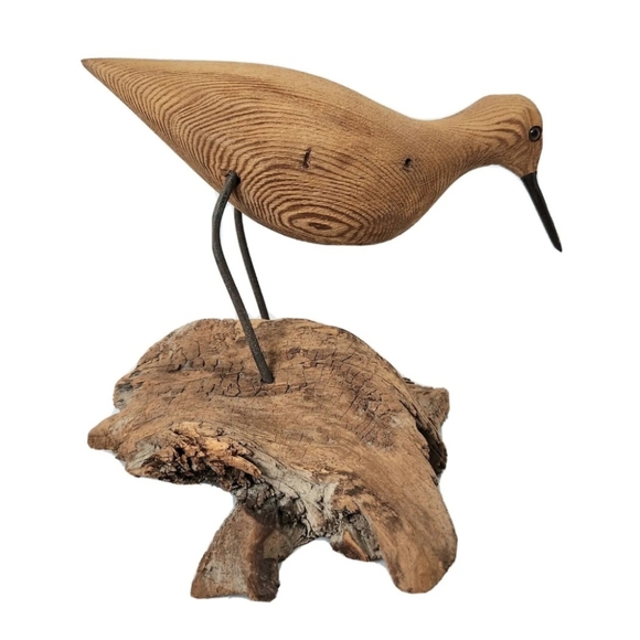 Handmade Accents Vintage Wood Carved Shore Bird Sculpture On